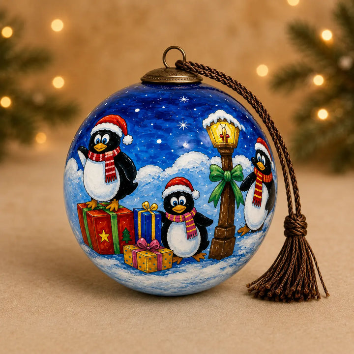Penguins & Presents — 2026 Inside-Painted Glass Ornament