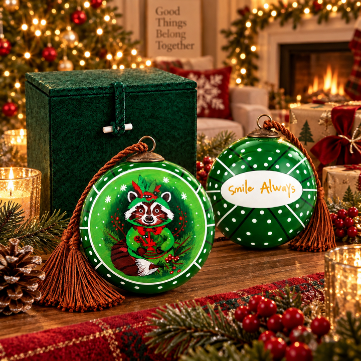 Raccoon in Green — Inside-Painted Glass Ornament