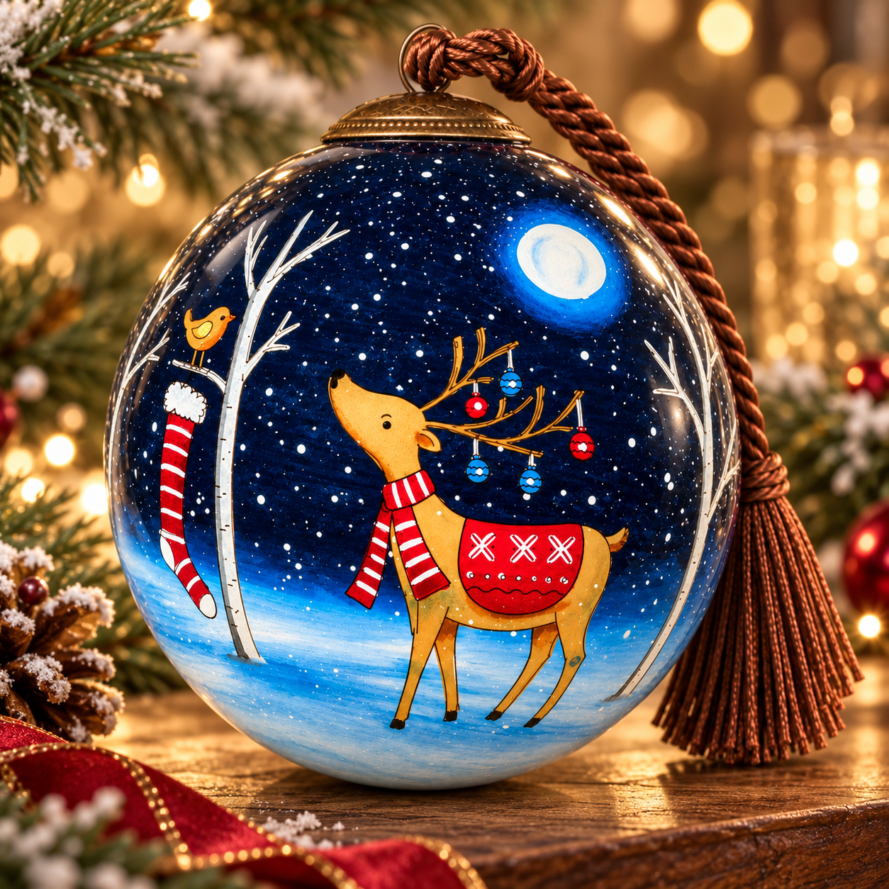 Moonlit Deer inside-painted glass ornament showing a golden reindeer beneath a moon in a snowy forest