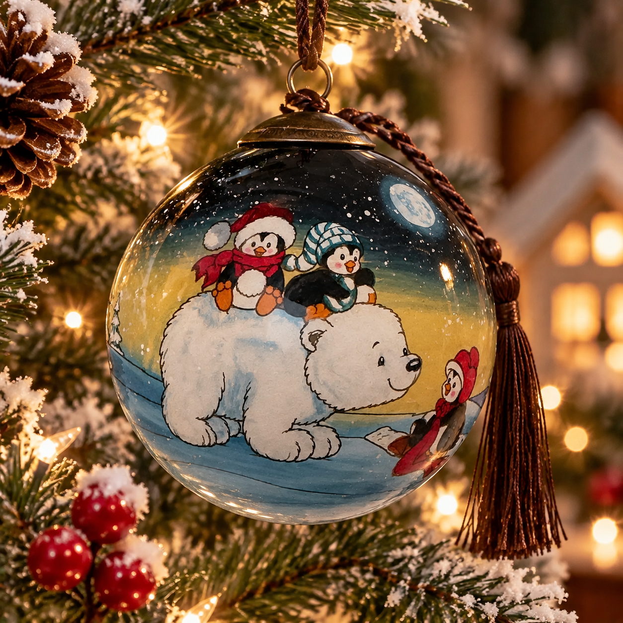 Polar Playmates inside-painted glass ornament showing a polar bear carrying three penguin friends across a snowy scene