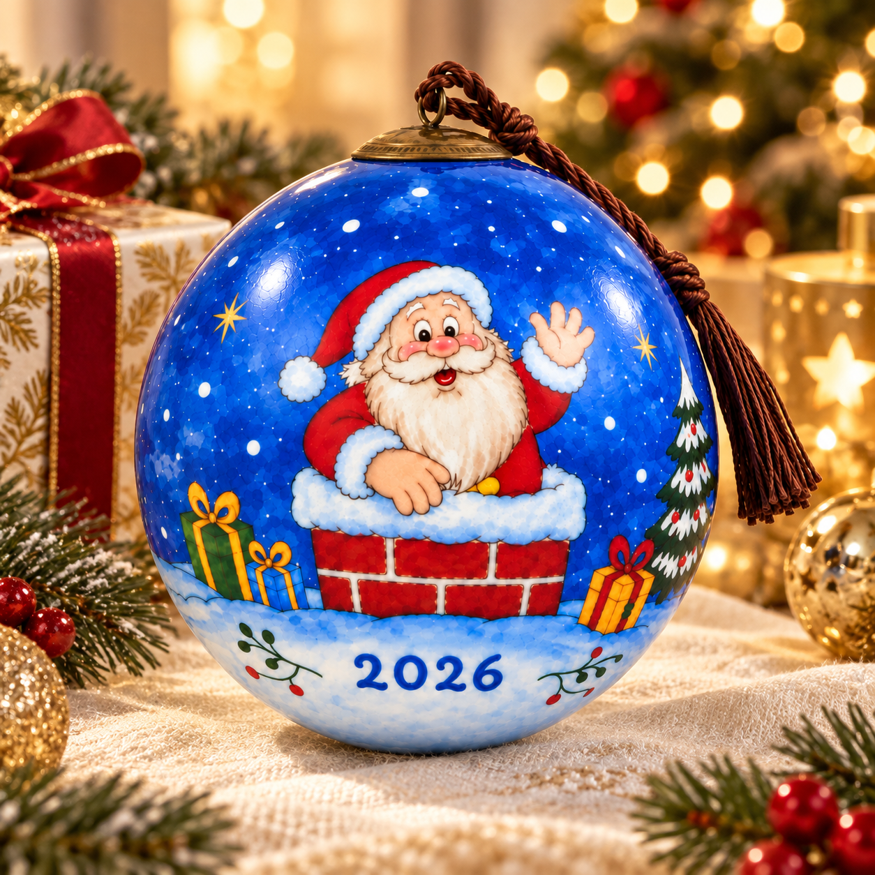 Santa in Chimney 2026 inside-painted glass ornament with Santa waving from a snowy brick chimney, gifts, and the year 2026