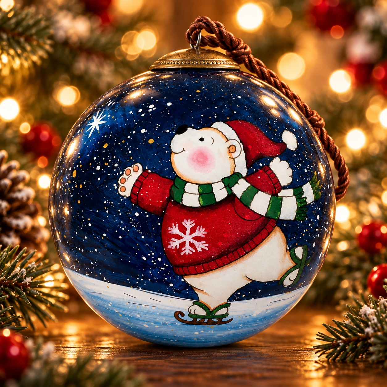 Skating Bear 2026 inside-painted glass ornament with a polar bear in a red sweater skating beneath a moonlit winter sky