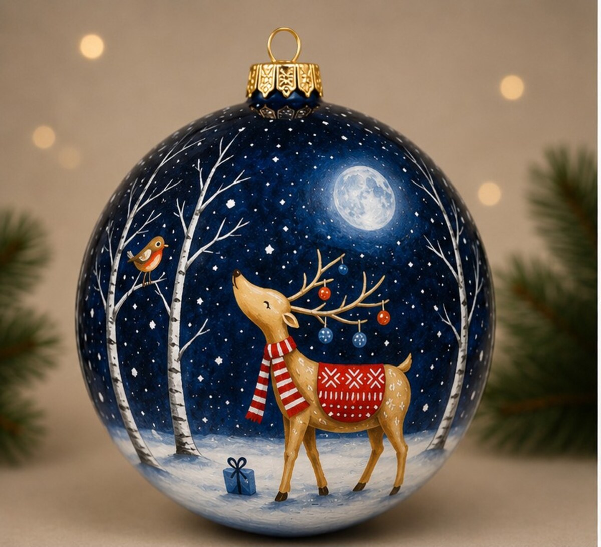 Moonlit Deer inside-painted glass ornament