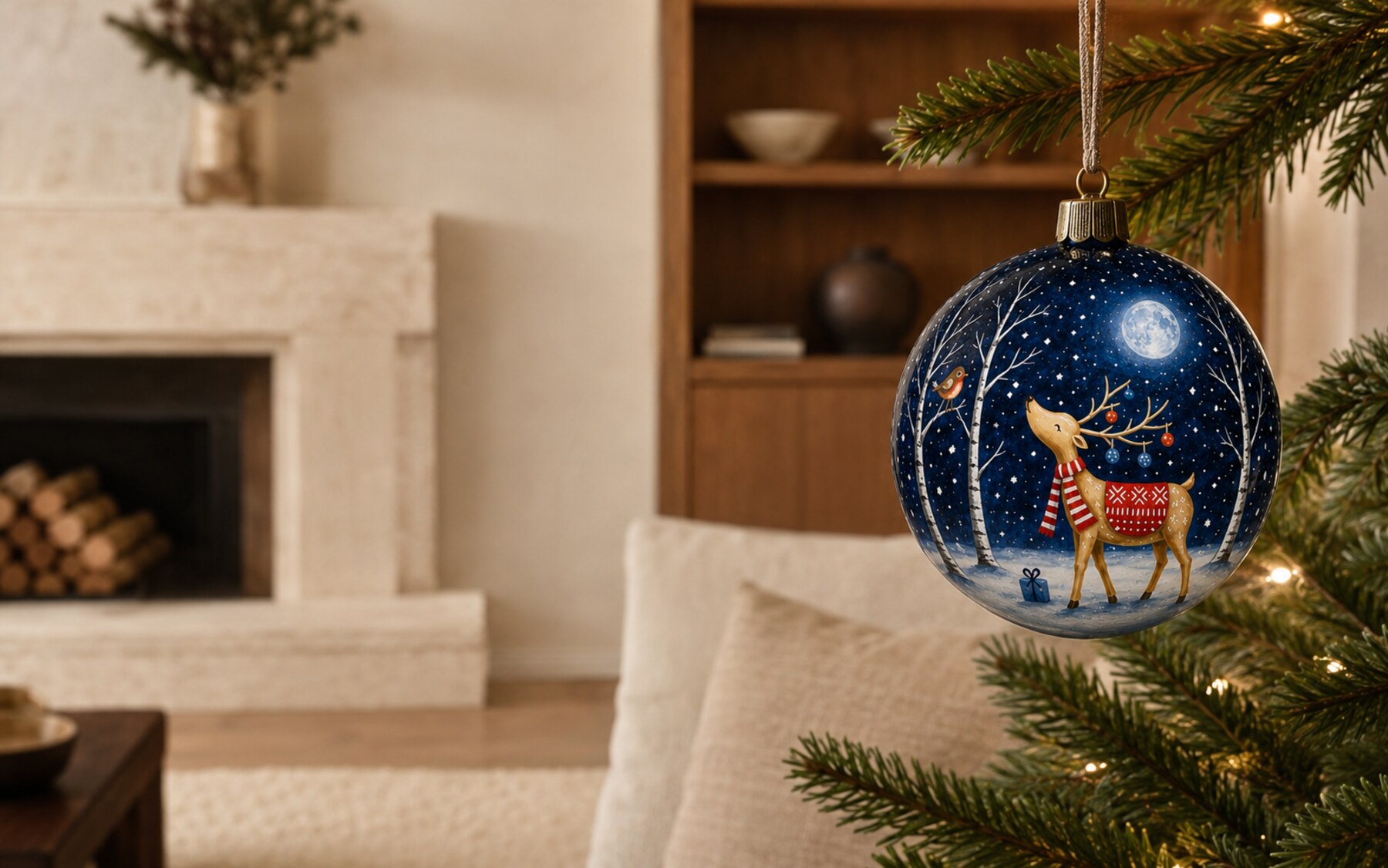 Hand-painted Moonlit Deer ornament displayed in a warm home