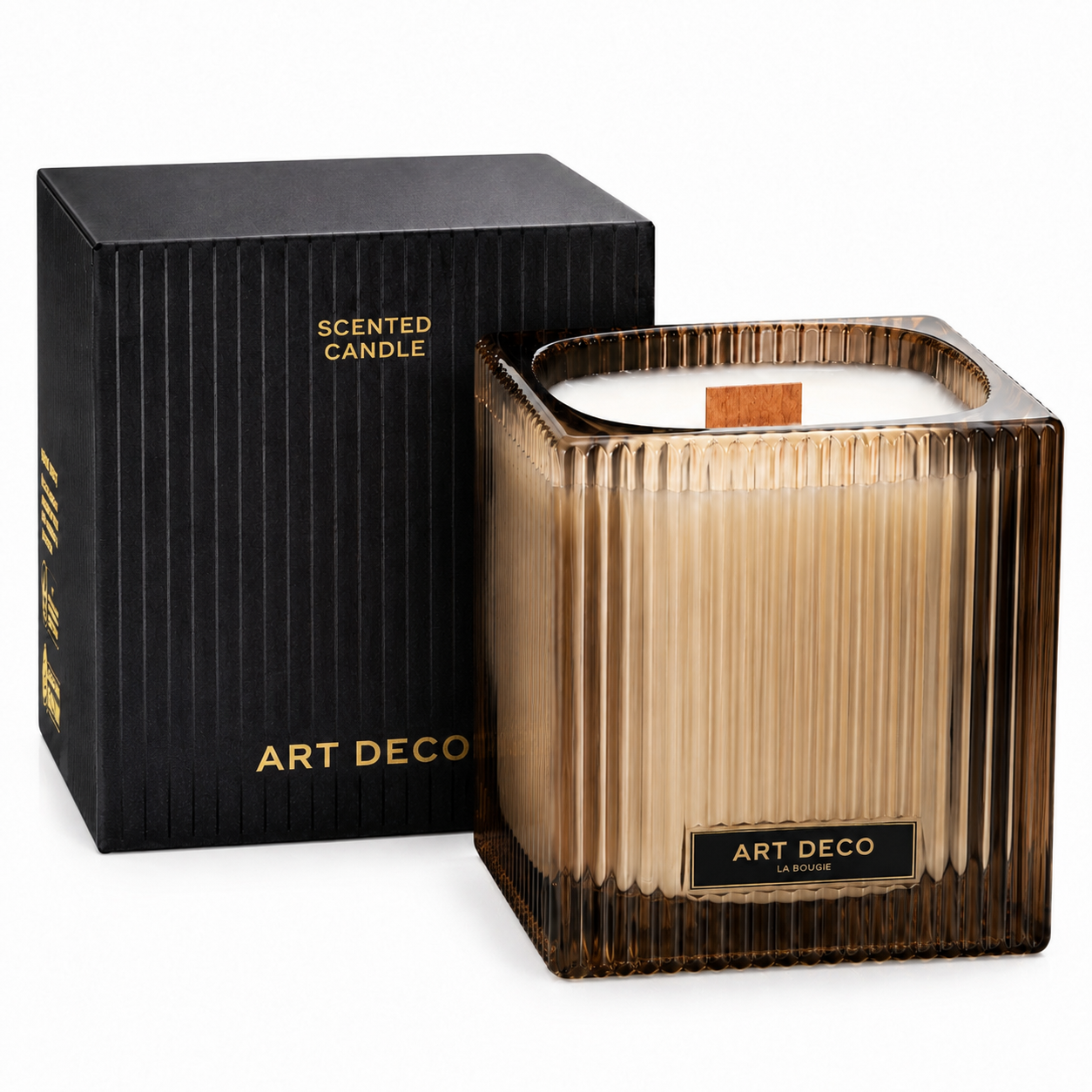 Amber striped square glass scented candle with a wooden wick