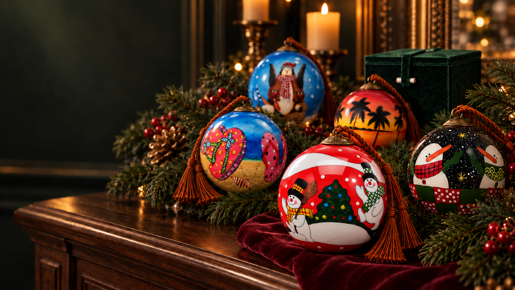 Available Now ornaments arranged in a refined Christmas still life