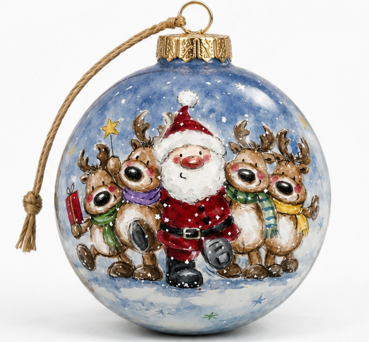 Santa & His Reindeer hand-painted glass ornament
