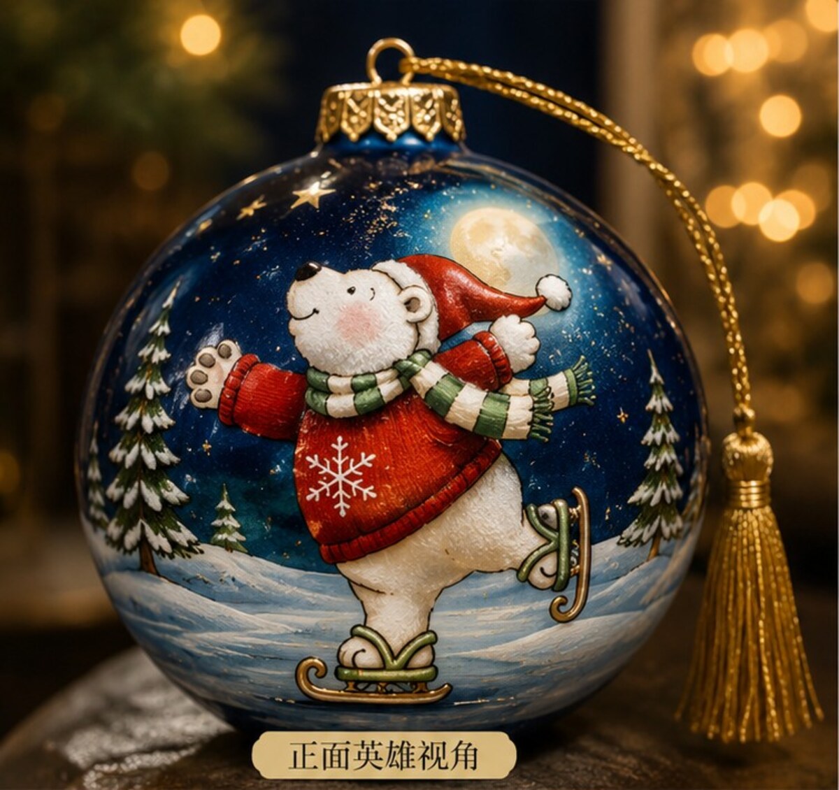 Skating Bear hand-painted glass ornament
