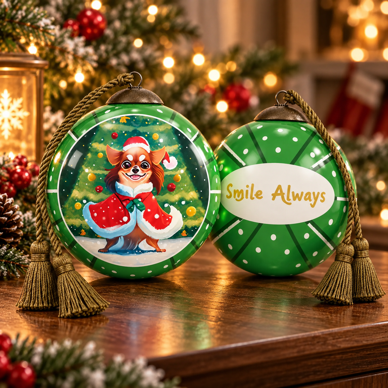 Undated festive Christmas pup inside-painted green glass ornament