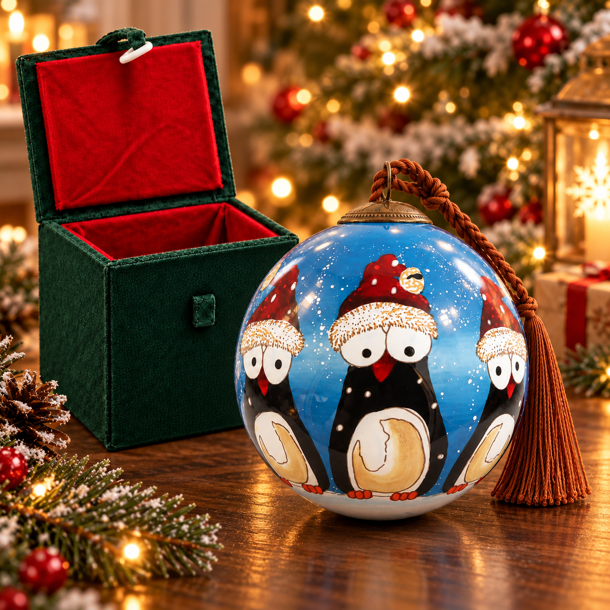 Three penguin chicks inside-painted glass ornament with a premium gift box