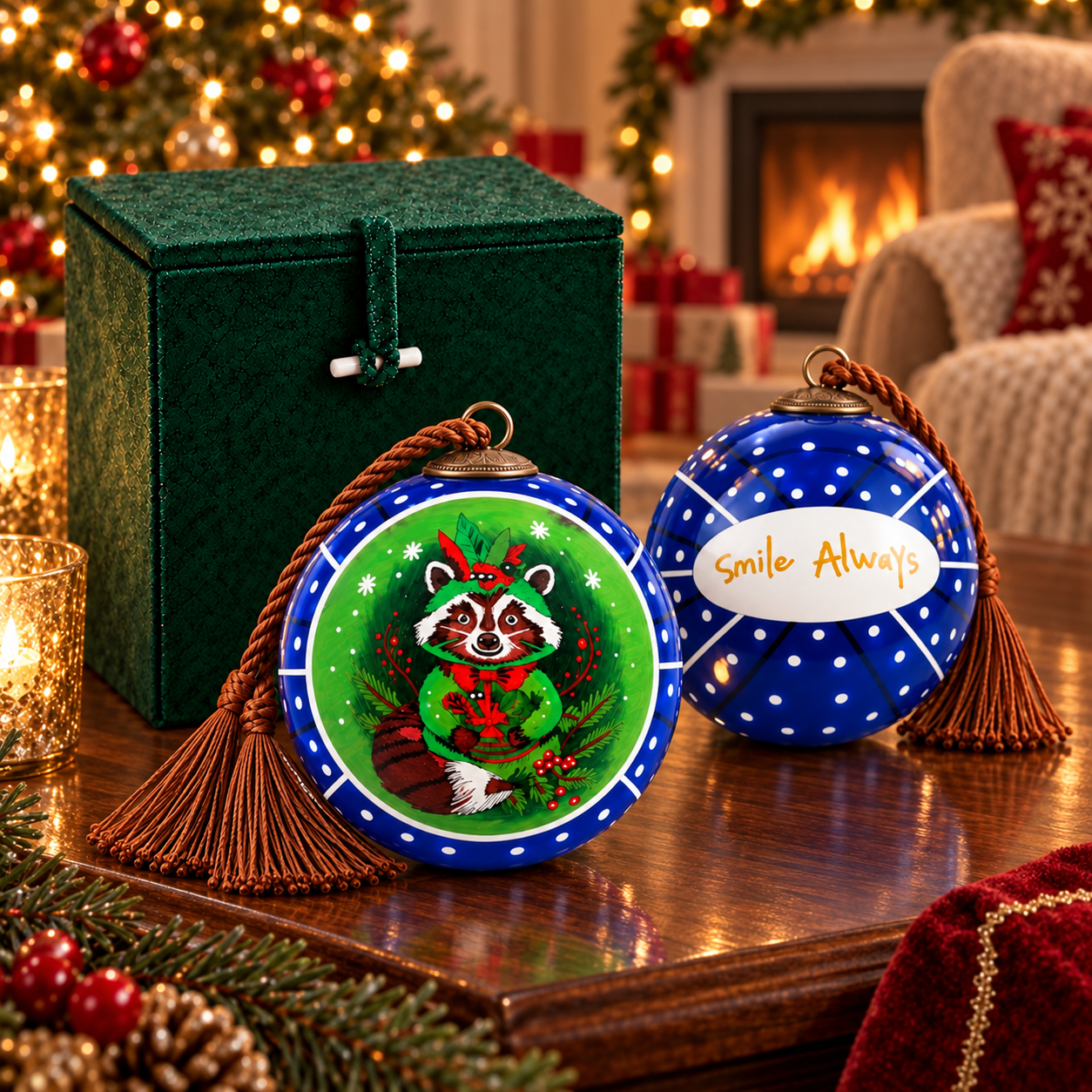 Raccoon in Blue inside-painted glass ornament with a premium gift box