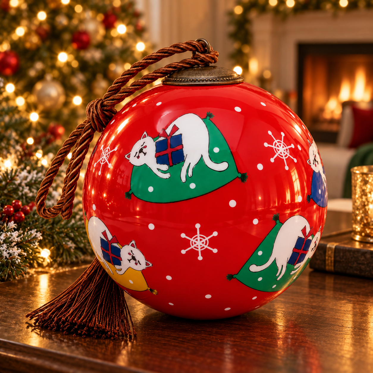 Sleeping Kittens red inside-painted glass ornament