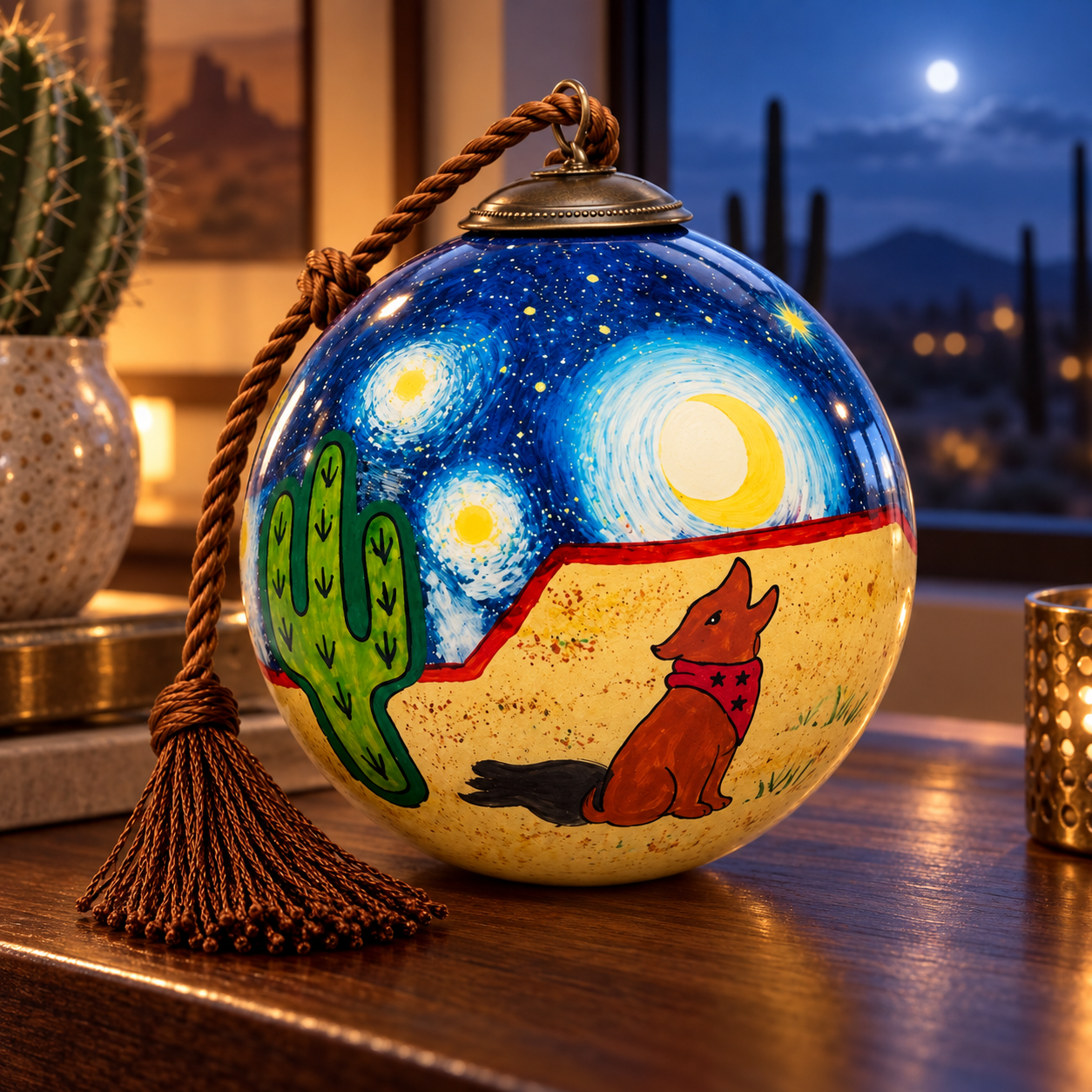 Starlit cactus and dog inside-painted glass ornament