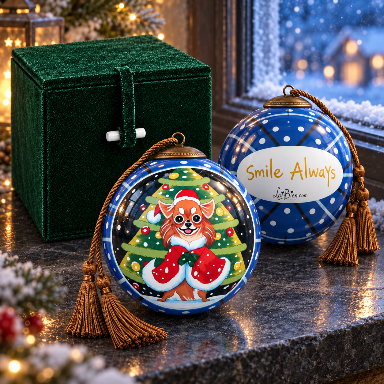 Undated whimsical winter pup inside-painted blue glass ornament