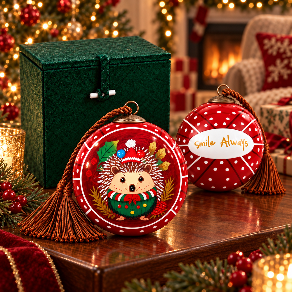 Hedgehog in Red — Inside-Painted Glass Ornament