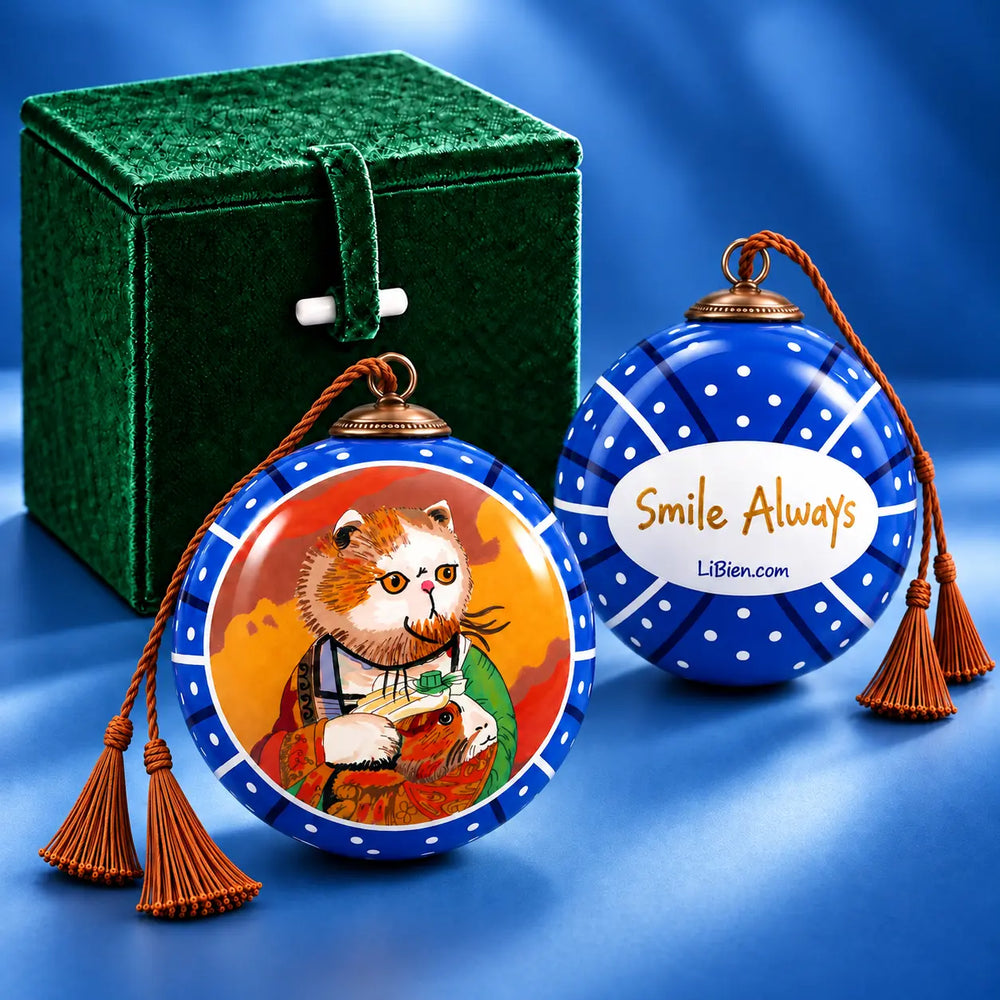 Mona Lisa's Cat in Blue — Inside-Painted Glass Ornament