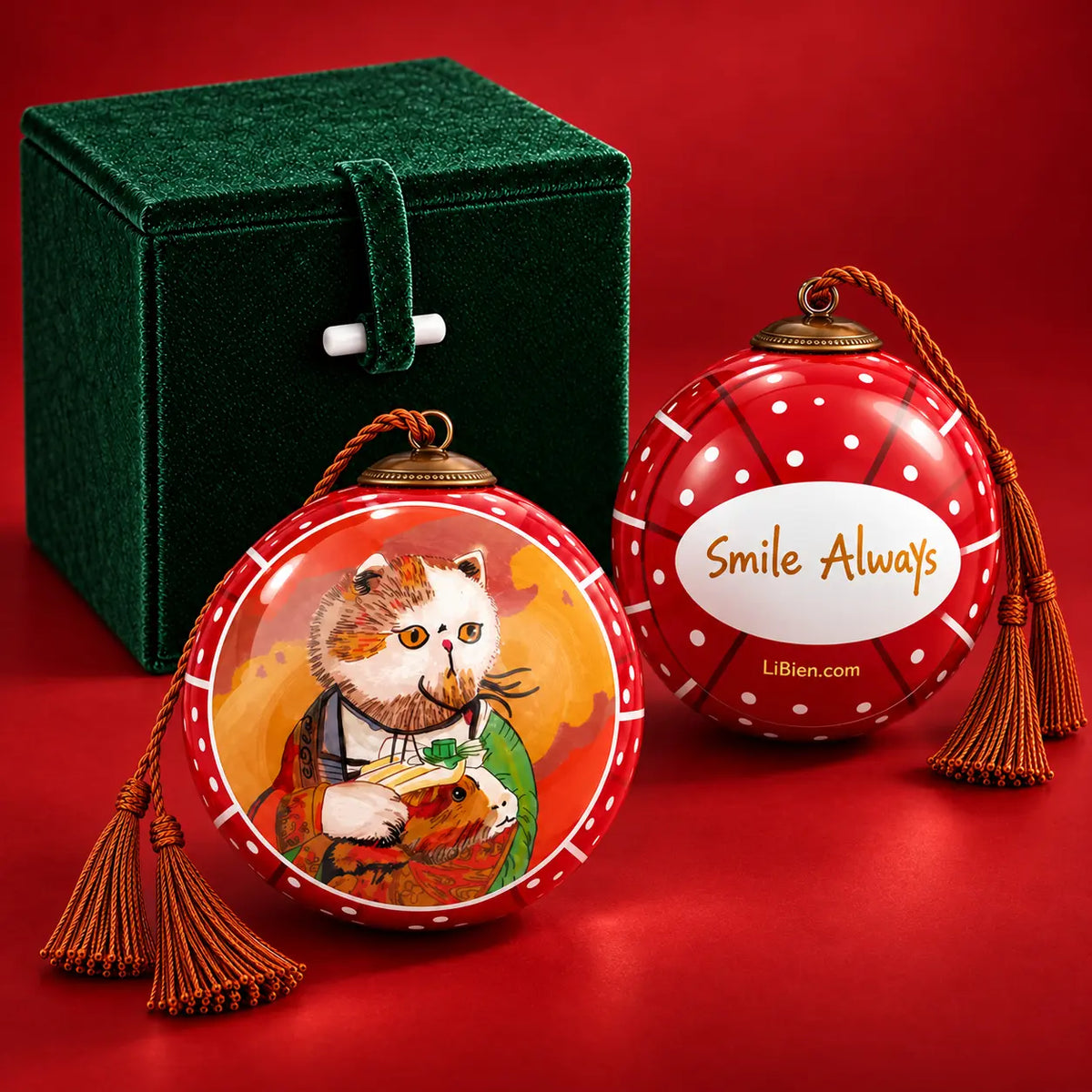 Mona Lisa's Cat in Red — Inside-Painted Glass Ornament