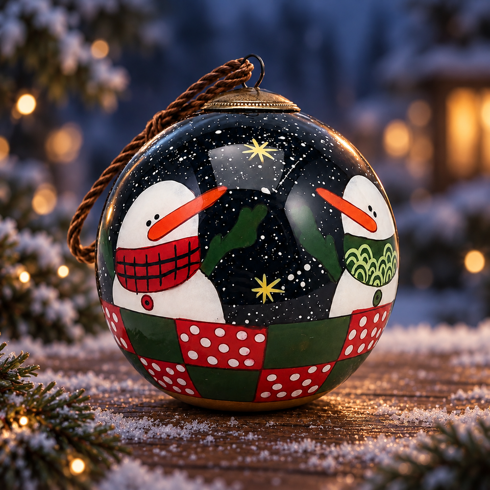 Night Snowman — Inside-Painted Glass Ornament
