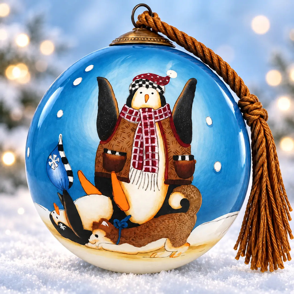 Penguin & Dog — Inside-Painted Glass Ornament