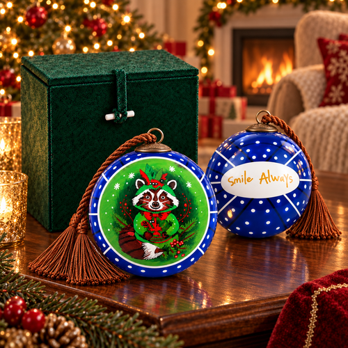 Raccoon in Blue inside-painted glass ornament