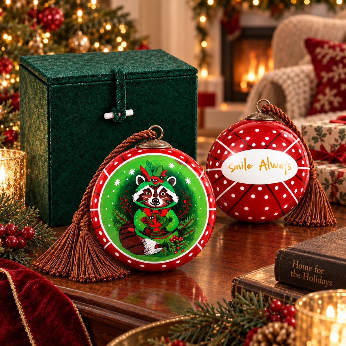 Raccoon in Red inside-painted glass ornament