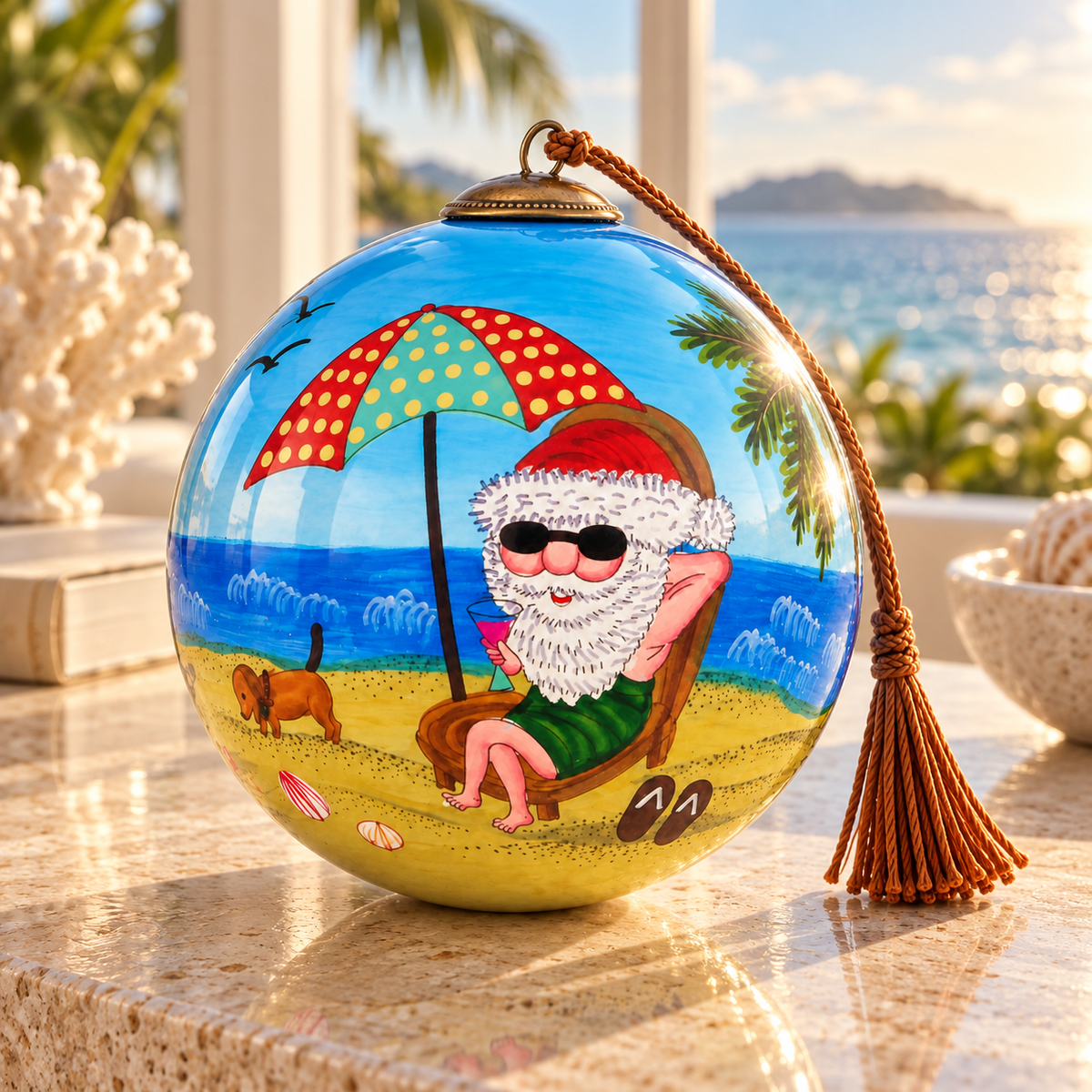 Santa Vacation inside-painted glass ornament
