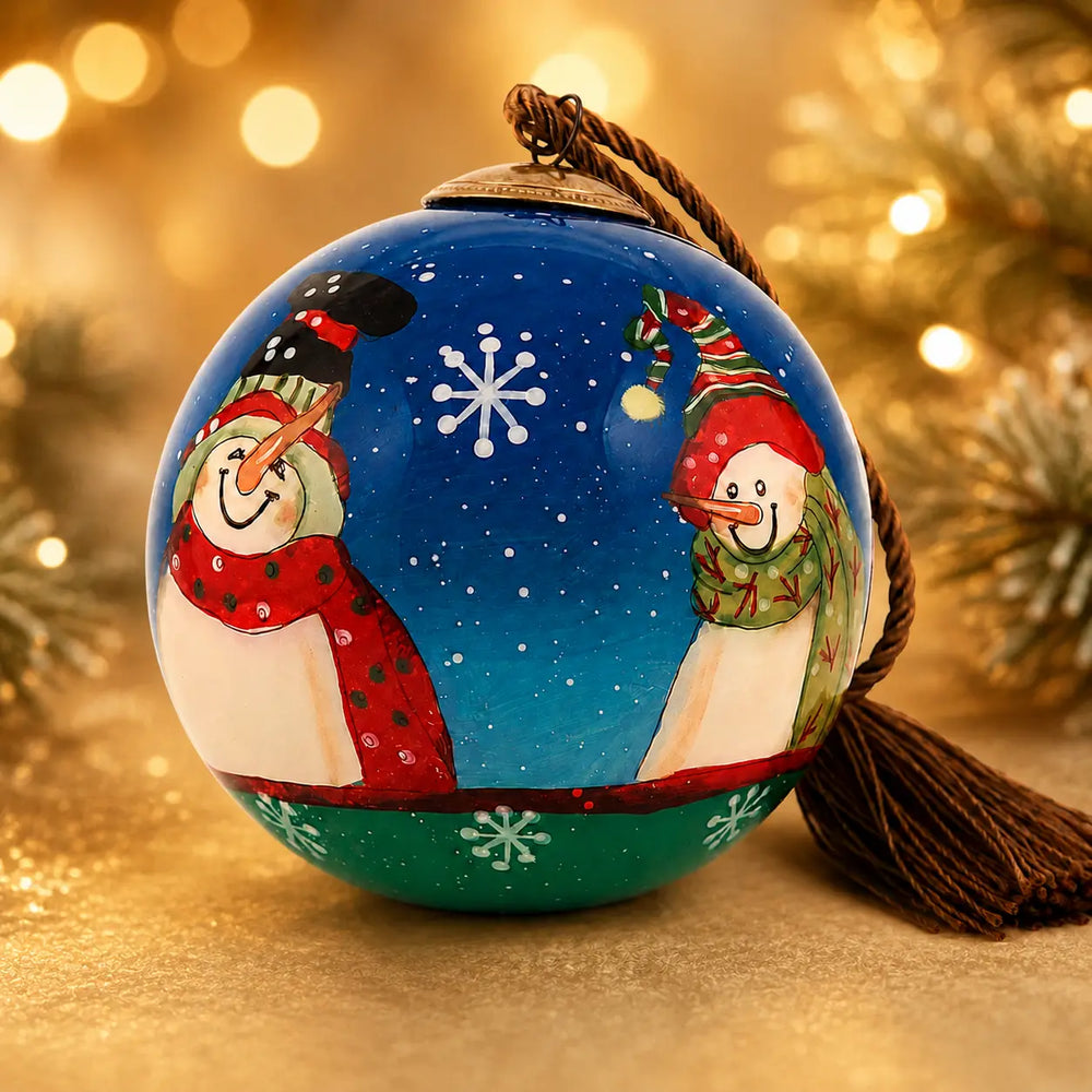Snowmen at Every Turn 2026 — Inside-Painted Glass Ornament