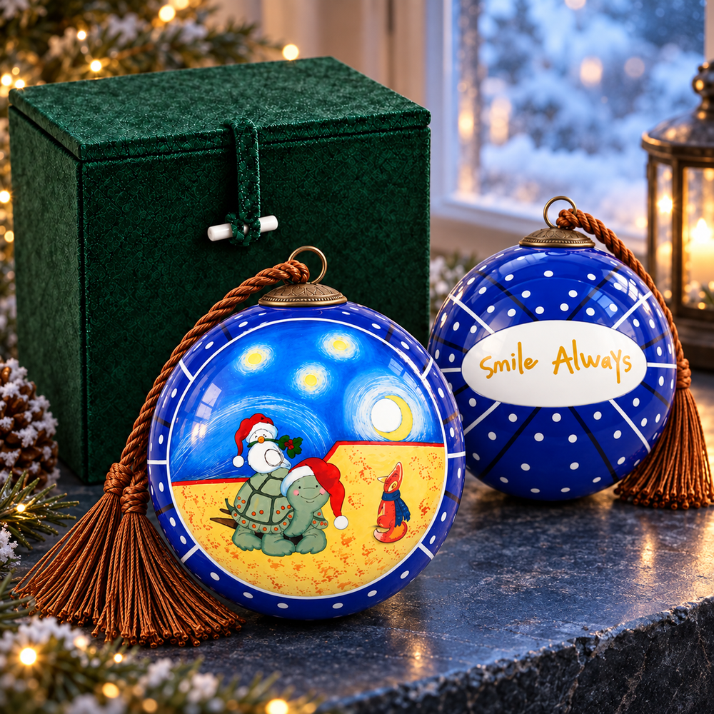 Turtle & Fox in Blue — Inside-Painted Glass Ornament