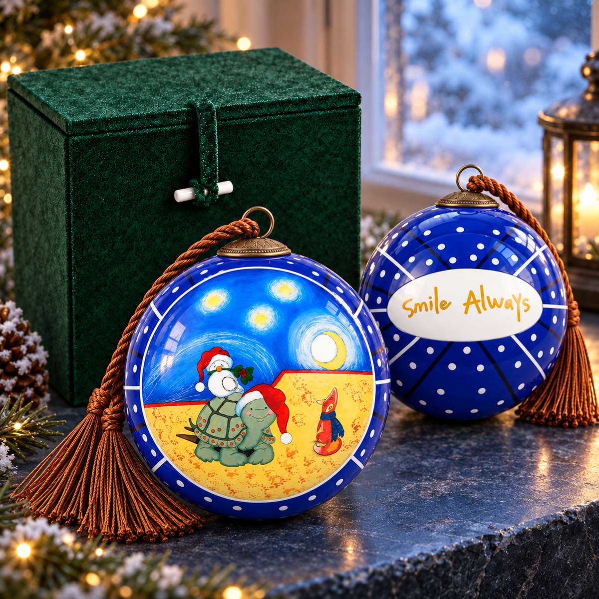 Turtle & Fox in Blue inside-painted glass ornament