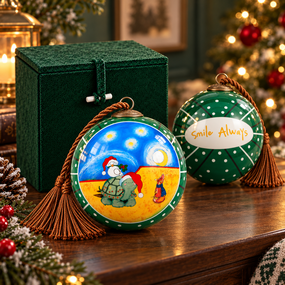 Turtle & Fox in Green — Inside-Painted Glass Ornament