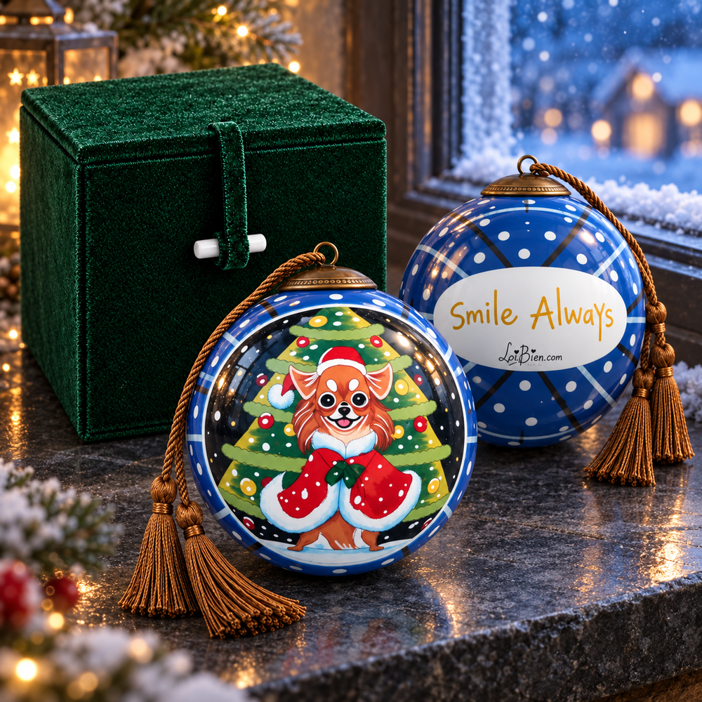 Winter Pup in Blue — Inside-Painted Glass Ornament