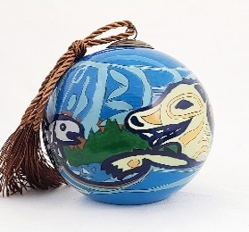 Wolf & Fish Ornament - Li Bien Inside Painted Glass Ornament