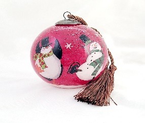 Snowman & Penguin Dance - Li Bien Inside Painted Glass Ornament